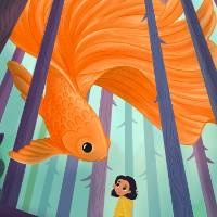 Digital Illustration featuring characte interacting with large beta fish